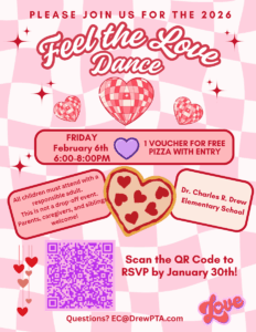 Flyer with pink and red hearts and graphics advertising the Feel the Love Dance
