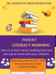 purple and yellow flyer with a picture of stack of books for parent literacy morning