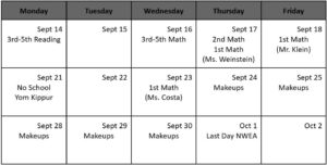 A Sept Calendar with dates for NWEA MAP testing
