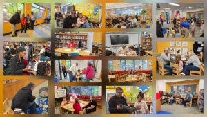 collage of pictures of grandparents with their grand children in the library
