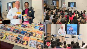 Author Jerry Pallotta with Principal, table of books, Author presenting to students