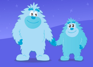 2 large blue characters holding hands