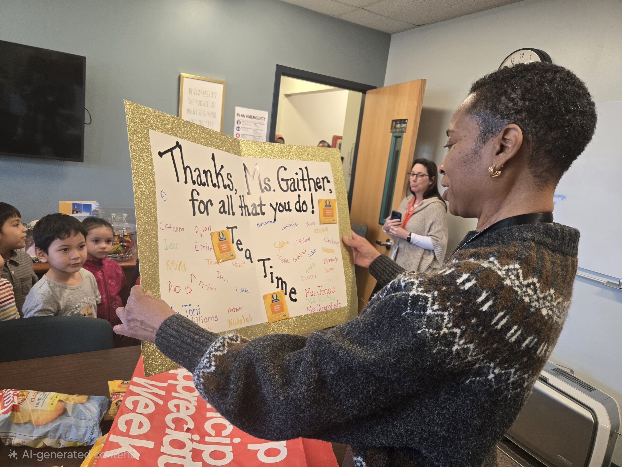 picture of Principal Gaither holding a large appreciation card